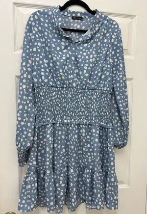 Pretty Garden blue with white polka dot long sleeves dress in size L thumbnail 1