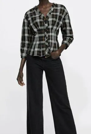Zara Plaid Peplim V-Neck Blouse Top 3/4 Sleeves thumbnail 4
