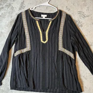 J Jill Sz Medium Embellished Crinkle‎ Peasant Split V-Neck Blouse Boho Black Tan thumbnail 2