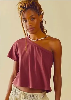 We The Free People | Aubrey One Shoulder Top Short Sleeve Soft Slouchy L thumbnail 1