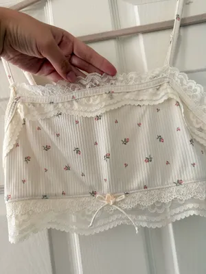 Coquette Dainty Cream Lace Trim Mini Floral Rosette Bow Cami Tank thumbnail 4