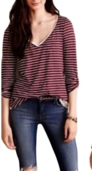Anthropologie Meadow Rue Cassia Red Striped‎ Lace Back Long Sleeve Top S thumbnail 1