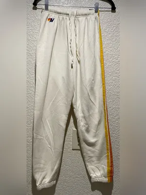 Aviator Nation 5 Stripe Vintage Cream Rainbow-Stripe Zip Hoodie & Jogger Set XS thumbnail 3