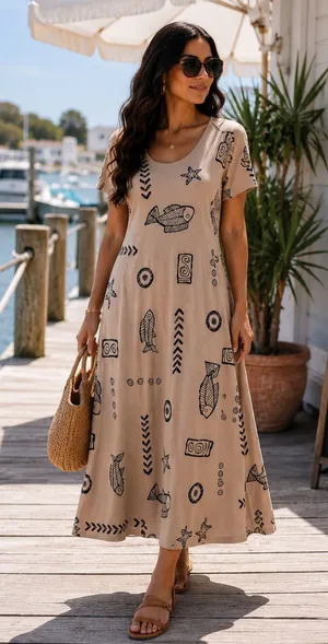 Laguna Bay USA Fish Print Midi Dress Small Coastal Cotton Blend Vintage thumbnail 1