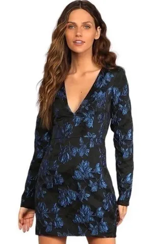 Lulus Elegant Taste Black and Blue‎ Floral Jacquard Mini Dress Size Large New thumbnail 1