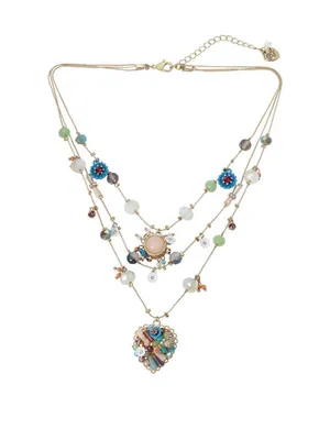 Betsey Johnson Heart Layer Beaded Pendant Necklace - Pastel Blue Green Coral New thumbnail 3