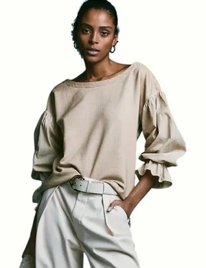 ANTHROPOLOGIE PILCRO Women’s Mixed Media Tan Pullover Puff Sleeve Top thumbnail 1