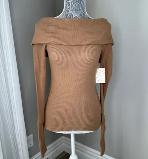 Free People Fold Over Off The Shoulder Ribbed Brown Sweater Tops Size XS thumbnail 5