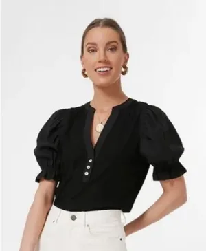 Tuckernuck Pomander Place Livia Top Small Black Henley Puff Sleeve Knit Ribbed thumbnail 1