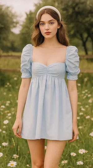 Amanda Uprichard Ariana dress blue babydoll coquette puff‎ sleeves small cottage thumbnail 1