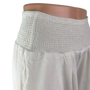 Women's White Smocked High Waisted Boho Wide Leg Baggy Trousers Pants Size L thumbnail 3