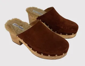 Steve Madden Brooklyn Womens Clogs Brown Suede Mules Fur Trim Studded Sandals 8M thumbnail 1