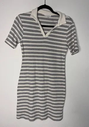 Women grey stripped polo collared dress thumbnail 1