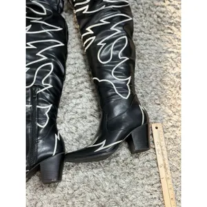 Women's Black & White Cowboy Western Boots Knee High Embroidered Block Size 6 thumbnail 15