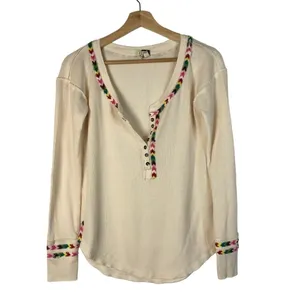 Free People We the‎ Free Ivory White Rainbow Thermal Henley Long Sleeve Tee XS thumbnail 2
