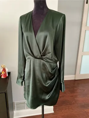 ZARA Emerald Green Satin Wrap-Style Long Sleeve Dress🌹 thumbnail 3