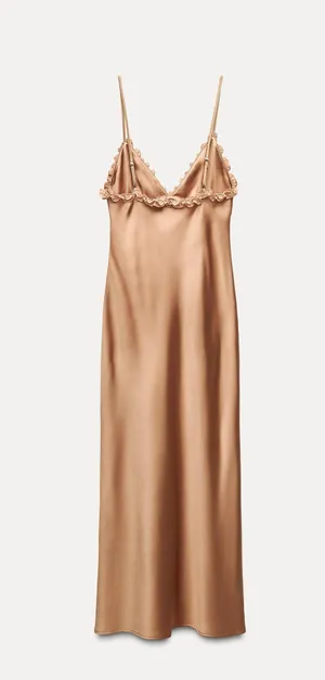 Zara maxi dress bodycon slip satin ruffle carmel evening wedding cocktail thumbnail 15