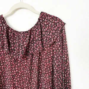 [LOFT] Red Black Floral Print Ruffle Neck Long Sleeve V-Neck Blouse Size Large L thumbnail 7