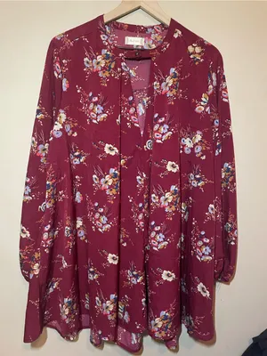 Altar'd State Floral Tunic Blouse Burgandy Boho Long Sleeve Size Large thumbnail 1