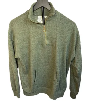 Janet Chung green quarter zip sweater. M Mock neck front pocket 3/4 sleeve. Soft thumbnail 1