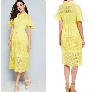 Belle Badgley Mischka Dailey Eyelet Linen Shirt Dress in‎ Yellow Size 0 thumbnail 2