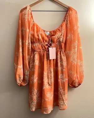 Hidden Kisses dress orange floral print long sleeve babydoll XS 2 thumbnail 4