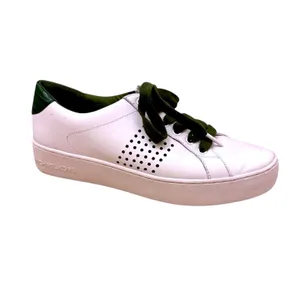 Michael Kors White Leather Low Top Sneakers Green Croc Trim Perforated Womens 8M thumbnail 2