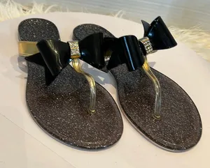 Gold and Black Jelly BOW T-Strap Sandals Slip-on Size 39. thumbnail 1