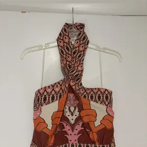 Soul of Mu Halter Mini Dress Beige Salmon Geometric Floral Linen Blend Large NEW thumbnail 6