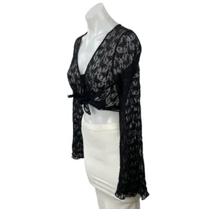 H&M Women's Black Butterfly Floral Lace Mesh Sheer Long Sleeve Crop Top Size M thumbnail 3