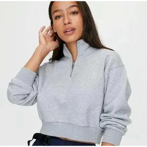 Tna Sweatshirt‎ Women S Grey Cozy Fleece Perfect Quarter Zip Cropped Pullover thumbnail 1