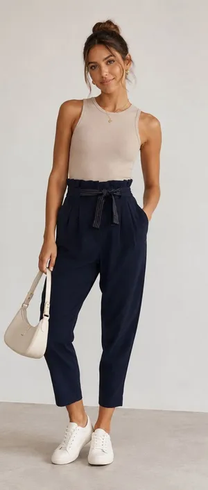 Massimo Dutti Navy Blue Knit Paperbag Waist Trouser Pants Womens 4 Casual thumbnail 1