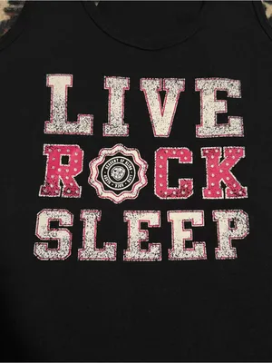 2000s vintage style bedazzled bling fitted tank top LIVE ROCK SLEEP graphic tank thumbnail 4