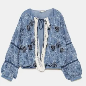 Zara Blue floral embroidered jacket with crochet lace trim thumbnail 1