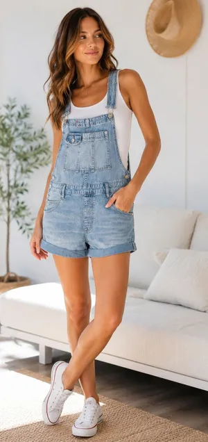 Free People We The Free Blue Cotton Baggy Cuffed Shortall Overall Denim Shorts thumbnail 1