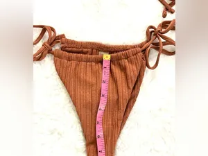 SHEIN Ribbed Burnt Orange Brown 3 Piece Tie Bikini Set Cover Up Sarong Medium thumbnail 3