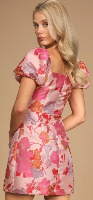 NWOT Lulus So Stunning Orange Multi Floral Jacquard Puff Sleeve Mini Dress Sz XS thumbnail 1