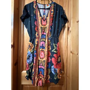 Farm Rio Anthropologie Black Floral Mini Dress Size S Boho V-Neck Pom Trim thumbnail 3