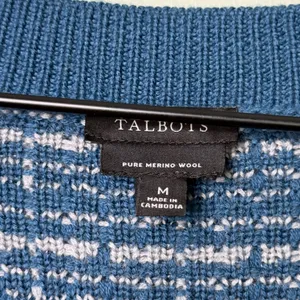 Talbots Merino Wool V Neck Cardigan Sweater Texture Plaid Blue White Size Medium thumbnail 8