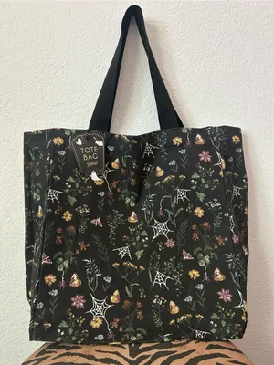 NEW Hallowed Hauntings Floral Spiderweb Moth 100% Cotton Canvas Black Tote Bag thumbnail 1