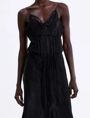 ZARA Front Tonal Macrame Trim Tank Top Black S NEW thumbnail 4