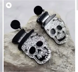 Goth Sparkle Skull Halloween Earrings Silver thumbnail 2