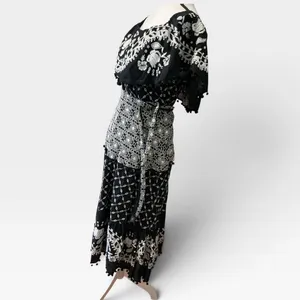 Anthropologie Black Embroidered Cotton Midi Dress Smocked Waist Pom Pom Trim 12 thumbnail 12