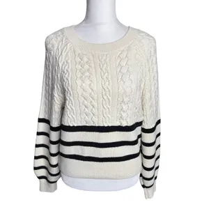 Express Striped Cable Knit Sweater Cream Black Cropped Size S Preppy Coastal thumbnail 2