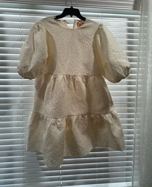THML Cream Textured Tiered Puff-Sleeve Dress thumbnail 1
