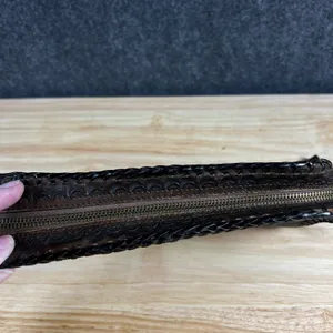 Vintage Hand Tooled Leather Floral Clutch Bag Dark Brown Whipstitch Western Boho thumbnail 4