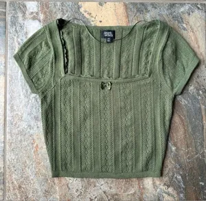 PacSun Beverly and Beck Zinnia Pointelle Lace Sweater T-Shirt Olive Green Size XS thumbnail 1