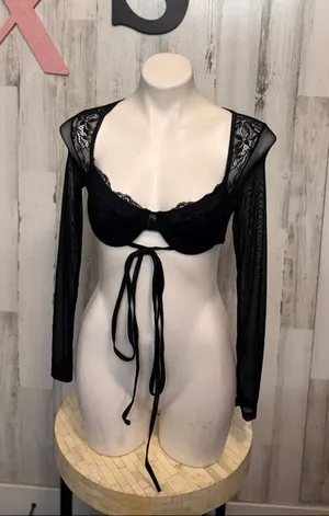 Black Lace Mesh Tie Front Crop Top XS Sheer Long Sleeve Bolero Style thumbnail 1