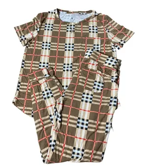 LATES Womens Tan Plaid Pajama Set Top‎ Pants XS 2 Piece Set Loungewear thumbnail 1