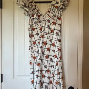 Zara Floral‎ Grid Print Ruffle V-Neck Midi Dress White Orange Small thumbnail 6